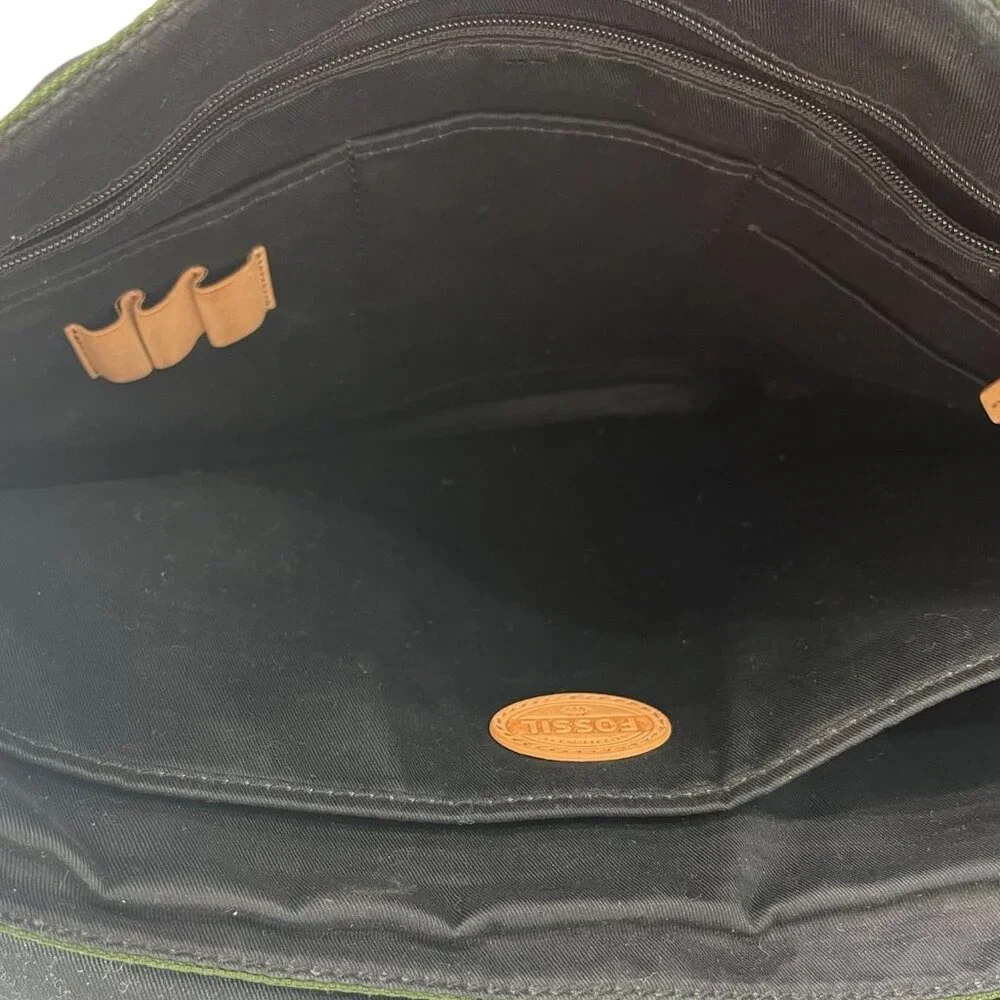 Fossil Large Forest Green Nylon Messenger Laptop Bag Leather Trim Large